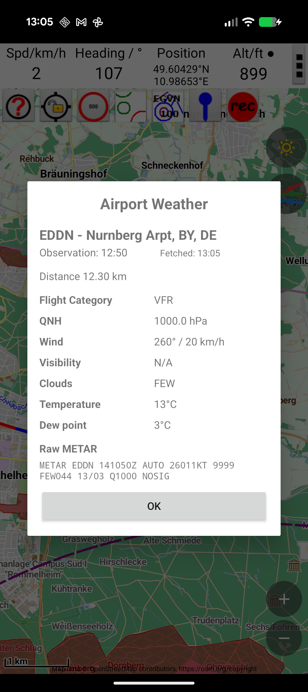 Weather dialog with METAR and QNH
